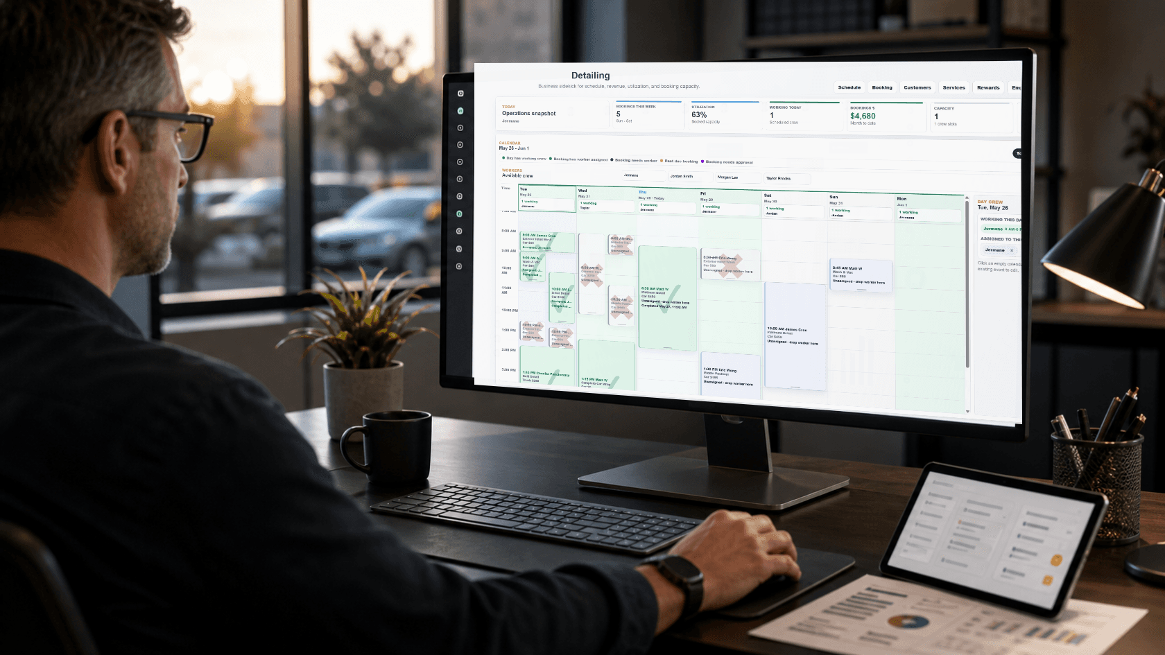 SideKick Insights schedule dashboard shown on a desktop monitor in a service office